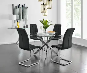 Furniturebox UK Novara Chrome Metal And Glass Large Round Dining Table And 4 Black Murano Chairs Set