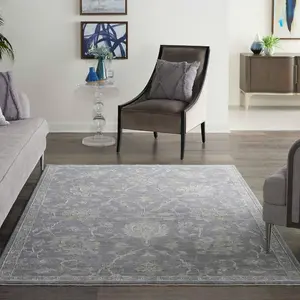 Charcoal Bordered Floral Traditional Persian Rug For Bedroom & Living Room-69cm X 310cm