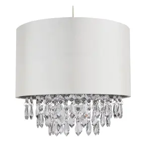 First Choice Lighting 300mm Cream Faux Silk Easy Fit Shade with Chrome Inner and Clear Droplets