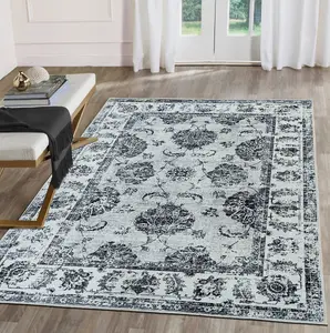 Grey Bordered Floral Rug For Bedroom, & Living Room, 7mm Thick Stain-Resistant Traditional Rug - 120cm X 160cm