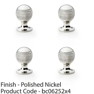 4 PACK - Reeded Ball Door Knob - 25mm Diameter Polished Nickel Lined Cupboard Pull Handle