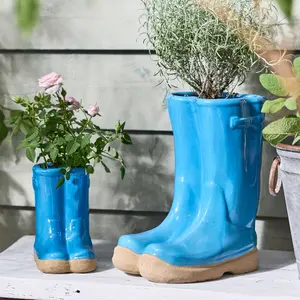 Set of 2 Little and Large Bright Blue Ceramic Indoor Outdoor Flower Pot Garden Planter Pots