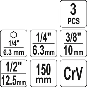 Yato HEX socket adaptor set 3 pcs, 1/2", 3/8", 1/4" 150mm long (YT-04628)