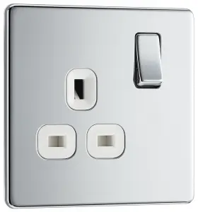 BG FPC21W Nexus Screwless Flat-Plate Single Switched Plug Socket Polished Chrome White Insert 13A