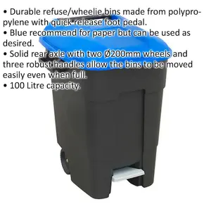 Durable 100L Blue Wheelie Bin with Foot Pedal and Two 200mm Wheels