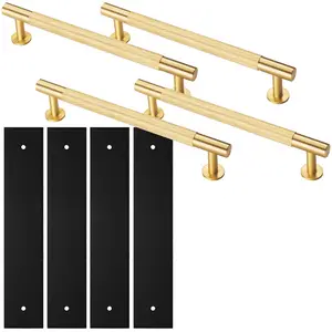 4 PACK - Pull Handle & Contrasting Backplate Set - Knurled Round T Bar - Satin Brass & Black