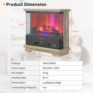 Costway 27" Freestanding Fireplace 2000W Electric Fireplace Heater W/ 3-Level Vivid Flame