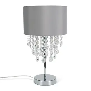 ValueLights Lulu Grey Fabric Table Lamp with Acrylic Jewel Droplet Drum Shade Bedside Lamp