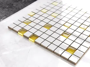 Ceramic mosaic with glass inserts on mesh for bathroom or kitchen 300mm x 300mm - Yellow mandarin