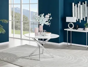 Furniturebox UK Novara White High Gloss 120cm Round Dining Table & 4 Navy Velvet Milan Black Leg Chairs