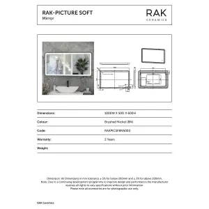 RAK Picture Soft 600x1000mm Brushed Nickel Square with Touch Sensor Illuminated Mirror IP44