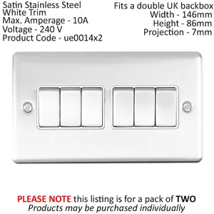 2 PACK 6 Gang Metal Multi Light Switch SATIN STEEL 2 Way 10A White Trim