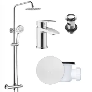 Round Chrome Thermostatic Overhead Shower Kit with Sleek Basin Mixer Tap Set & Shower Waste