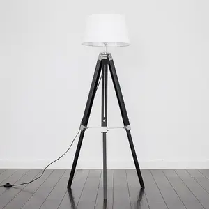 ValueLights Clipper Black Wood and Silver Chrome Tripod Floor Lamp with White Tapered Shade - Complete with 6w LED GLS Bulb