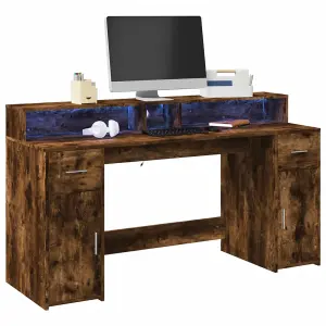 Berkfield Desk with LED Lights Smoked Oak 160x55x91 cm Engineered Wood