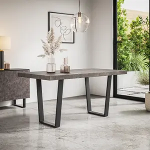 Aria Dining Table And Chairs -  Concrete Effect Table Top w Black Legs + Monza Linen Dining Chair Set Of 6 (Beige)