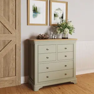 6 Drawer Solid Oak Sage Green Chest Of Drawers Ready Assembled