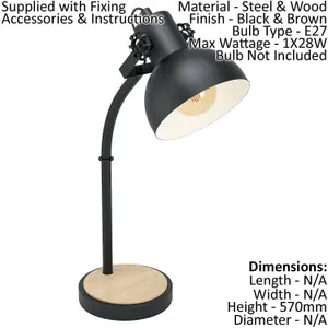 Curved Table Lamp Desk Light Black Steel Shade & Wood Base 1 x 28W E27 Bulb