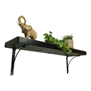 Solid Wood Handmade Rustical Shelf Black Ash 225mm 9 inch with Black Metal Bracket BOW Length of 240cm