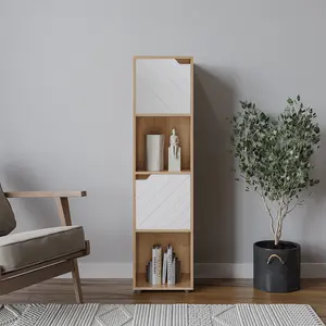 URBNLIVING 119cm Height Oak Wooden Cube Bookcase with White Line Door Display Shelf Storage Shelving Cupboard