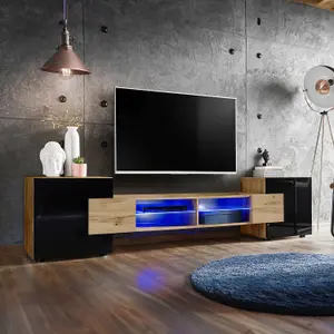 Bridge Wide TV Unit with Storage & Led Lighting - Black Gloss / Wotan Oak