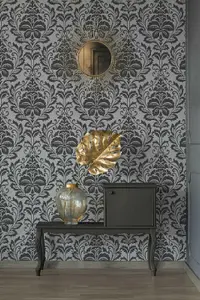 AS Creation Floral Damask Baroque Ornament Jewel Wallpaper Metallic Embossed 10m Roll Silver Black 36910-2