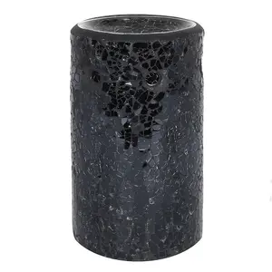 Black Glass Pillar Shaped Oil, Wax Melt Burner. Mirrored Crackle Effect. H14.5 cm