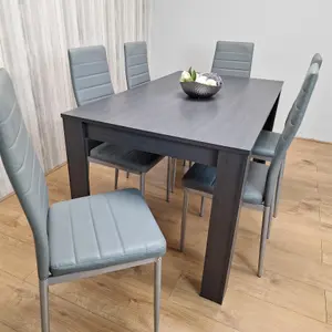 Dining Table and 6 Chairs  Black Dark Grey 6 Grey Leather Chairs Wood Dining Set Furniture