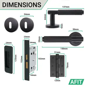 AFIT Matt Black Key Lock Knurled Door Handle Set Round Sash Lock (64mm), Hinges (76mm) & 2 Escutcheons - Dixon Range