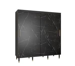 Bergen Contemporary 2 Sliding Door Wardrobe Gold Handles Marble Effect 9 Shelves 2 Rails Black (H)2080mm (W)2000mm (D)620mm