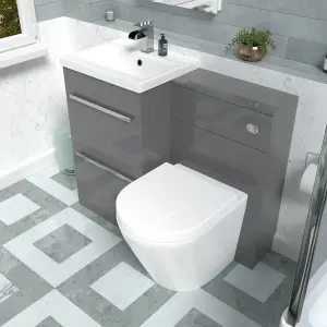 Nes Home Steel Grey Drawers Basin Cabinet, WC Unit & Rimless Back To Wall Toilet