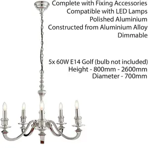 5 Light Chandelier Pendant POLISHED ALUMINIUM Ceiling Hanging Candelabra Lamp