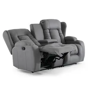 Caesar 2 Seater Grey Technology Fabric Modern Manual Recliner Sofa W Drinks Console