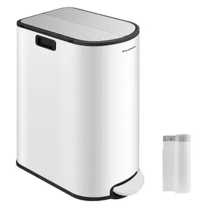 SONGMICS Double Kitchen Bin, Compact Dual Compartment Slim Bin for Recycling and Waste, Pedal Bin, Cloud White and Silver