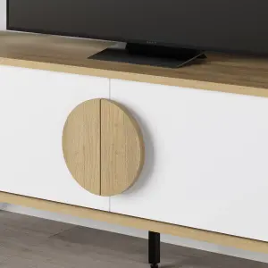 Decortie Gora Modern TV Unit Oak, White 140(W)cm with 2 Door Flap Stay Storage TV Cabinet Entertainment Metal Legs