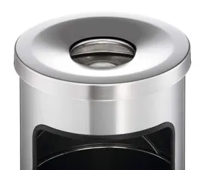 Durable Round Metal Waste Bin with Fire Extinguishing Ashtray - 17L - Silver