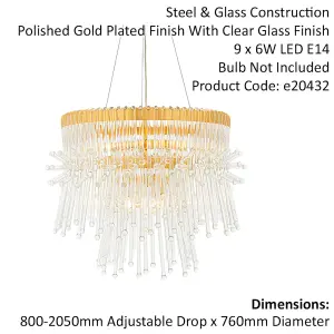 Gold Plated Ceiling Chandelier - Glass Detailing - 9 Bulb Pendant Light Fitting