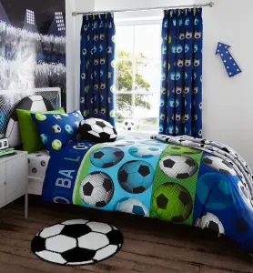 Catherine Lansfield Kids Living Football 66x72 Inch Pencil Pleat Curtains Two Panels Blue