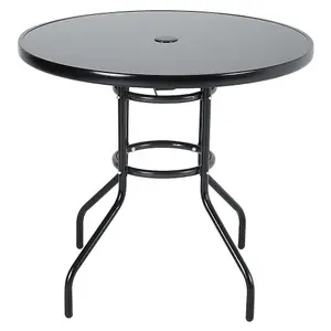 Black Round Tempered Glass Top Garden Bistro Dinging Table with Metal Frame and Umbrella Hole Outdoor 80 cm