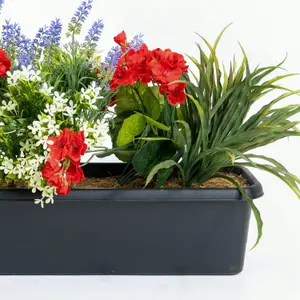 Blooming Artificial - 60cm / 2ft Red Artificial Mixed Flower Window Box