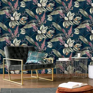 Belgravia Paradise Jungle Tropical Palm Navy Wallpaper P6600