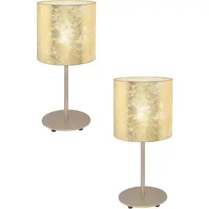 2 PACK Table Lamp Champagne Slim Stem Round Base Shade Gold Fabric E27 1x60W