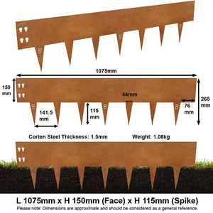 100cm Corten Steel Lawn Edging 15cm High  (1 Set / 5pcs)