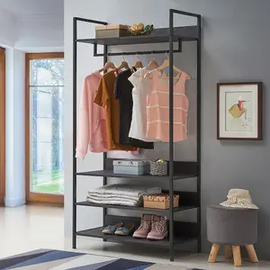 Zahra Bedroom Double Open Wardrobe 4 Shelves Furniture Storage Cupboard Black