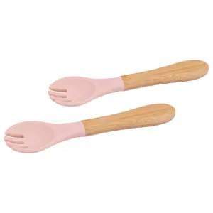 Bamboo Baby Weaning Forks with Silicone Tip - Pastel Pink - Pack of 2