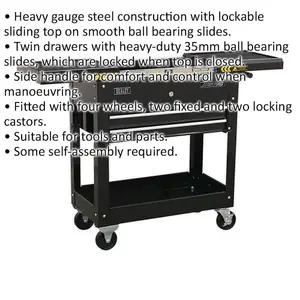 Heavy-Duty Mobile Tool and Parts Trolley - Steel Construction - 770mm x 370mm x 830mm - Black