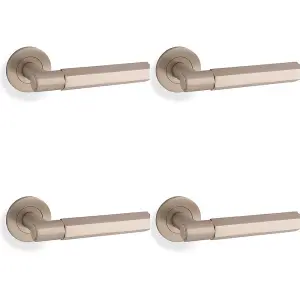 4 PACK - SOLID BRASS Hex Door Handle Set - Satin Nickel Industrial Lever Round Rose