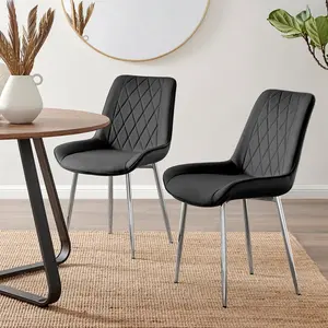 Palermo Velvet Modern Dining Chairs with Tapered Metal Legs & Quilted Diamond Stitching (Set of 2) Black / Silver