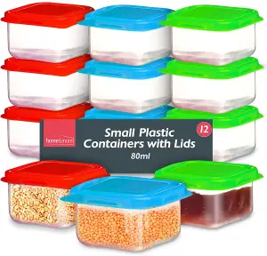 12 Small Plastic Containers with Lids 80ml - Stackable Small Food Containers 6x6x4cm - Airtight Colourful Small Storage Containers