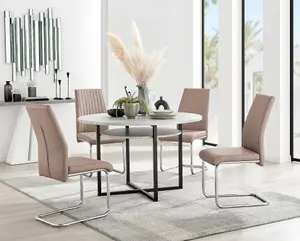 Adley Grey Concrete Effect And Black Round Dining Table with Storage Shelf and 4 Beige Lorenzo Chairs for Modern Sleek Dining Room